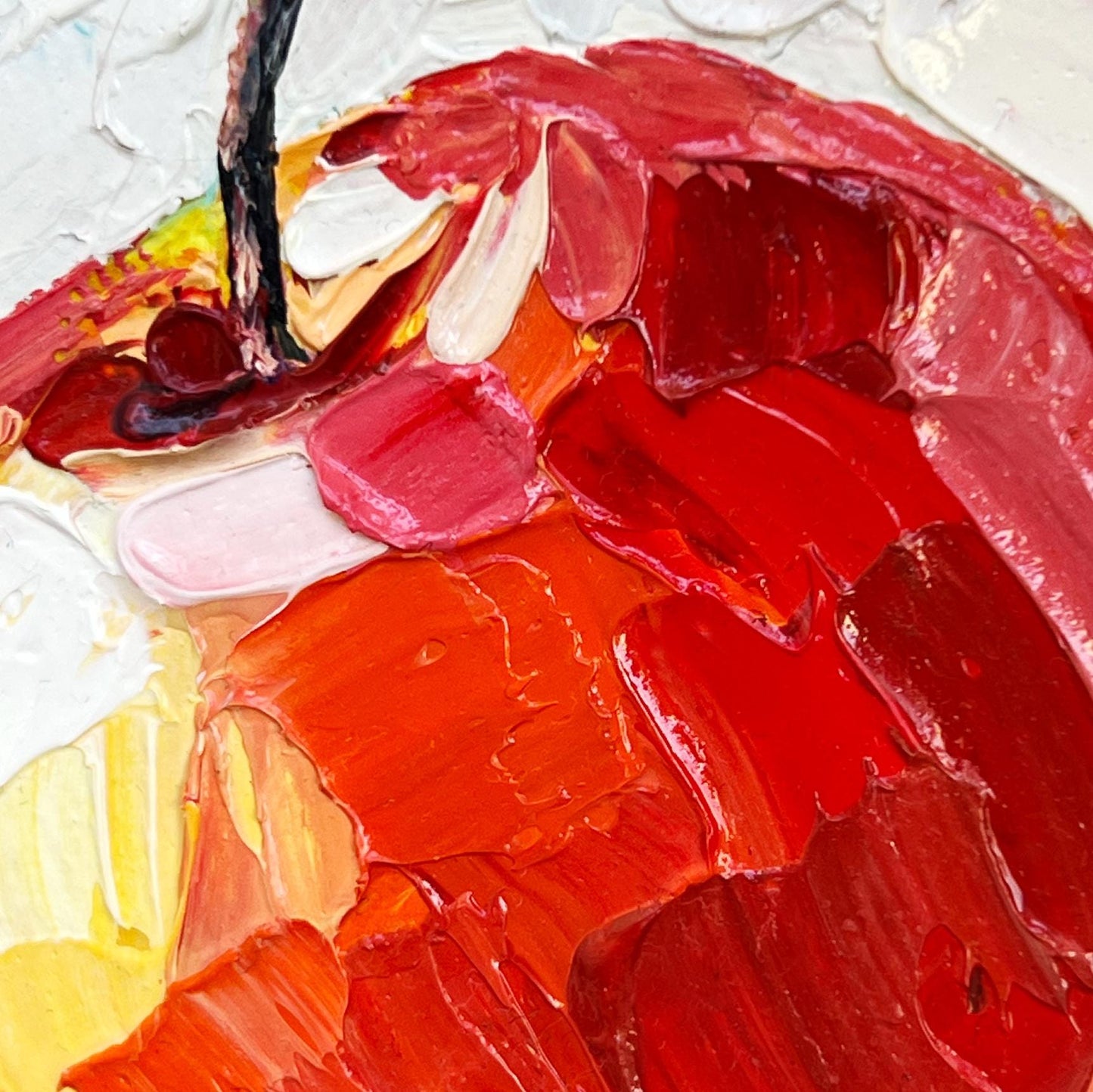 Impasto Red Apple Oil Painting: Rustic Kitchen Still Life, 4x4" Canvas by Hanna Hryharenka | HannaArtDecor