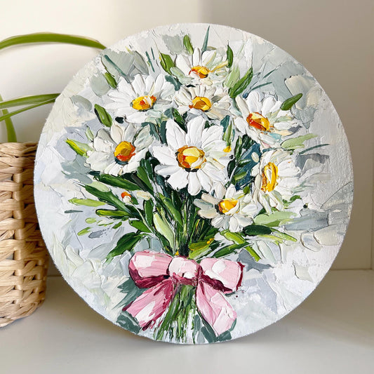 Daisy Bouquet Oil Painting – Original Round Canvas with White Flowers and Pink Bow, Floral Impasto Wall Art by HannaArtDecor