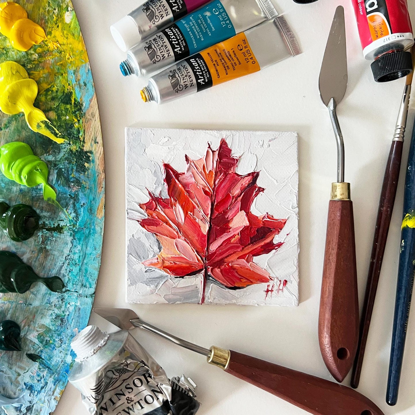 Red Maple Leaf — Impasto Oil Painting, 4×4 in (Original)