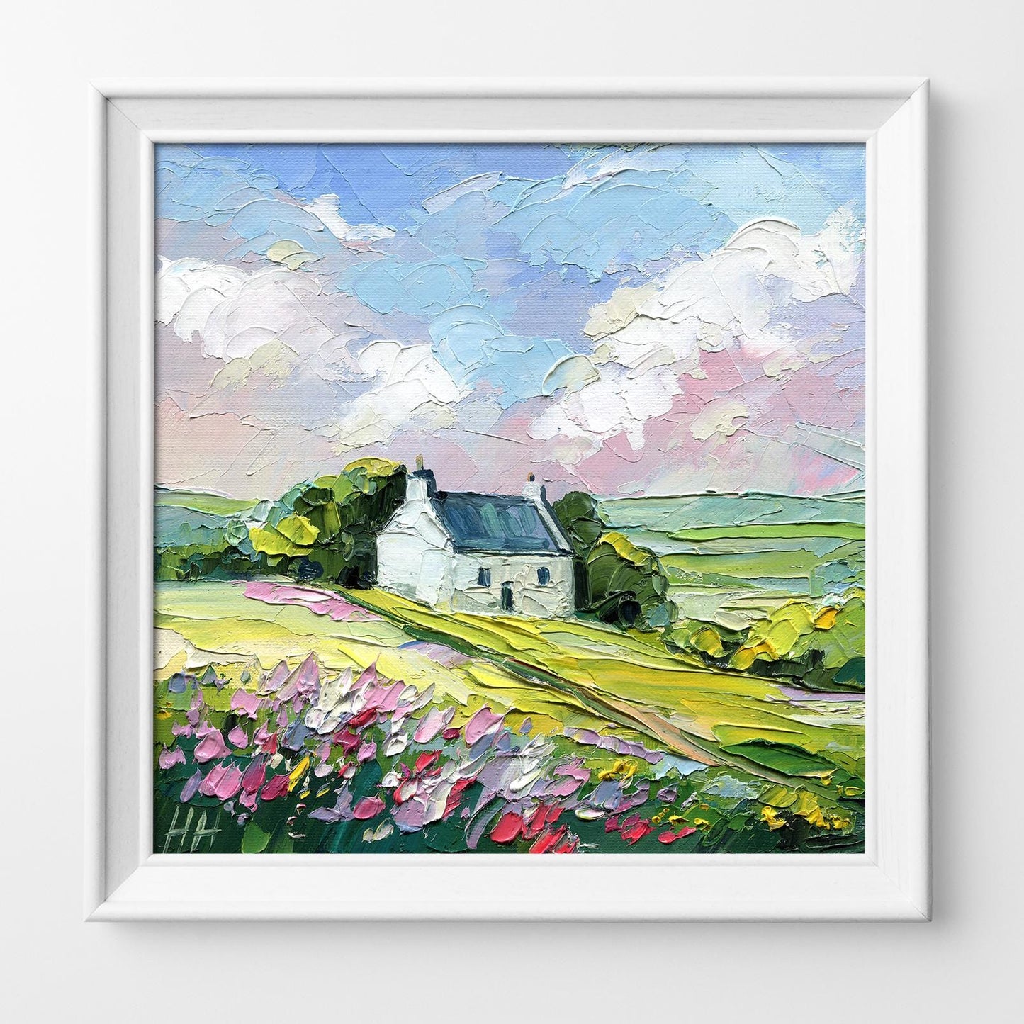 Impasto Irish Cottage Oil Painting: Flower Field Landscape, Rustic Wall Art