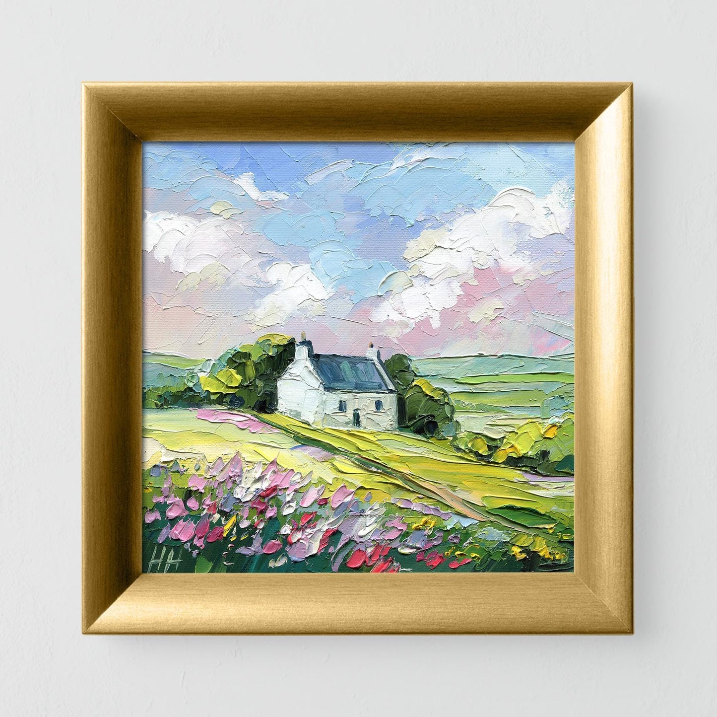 Impasto Irish Cottage Oil Painting: Flower Field Landscape, Rustic Wall Art