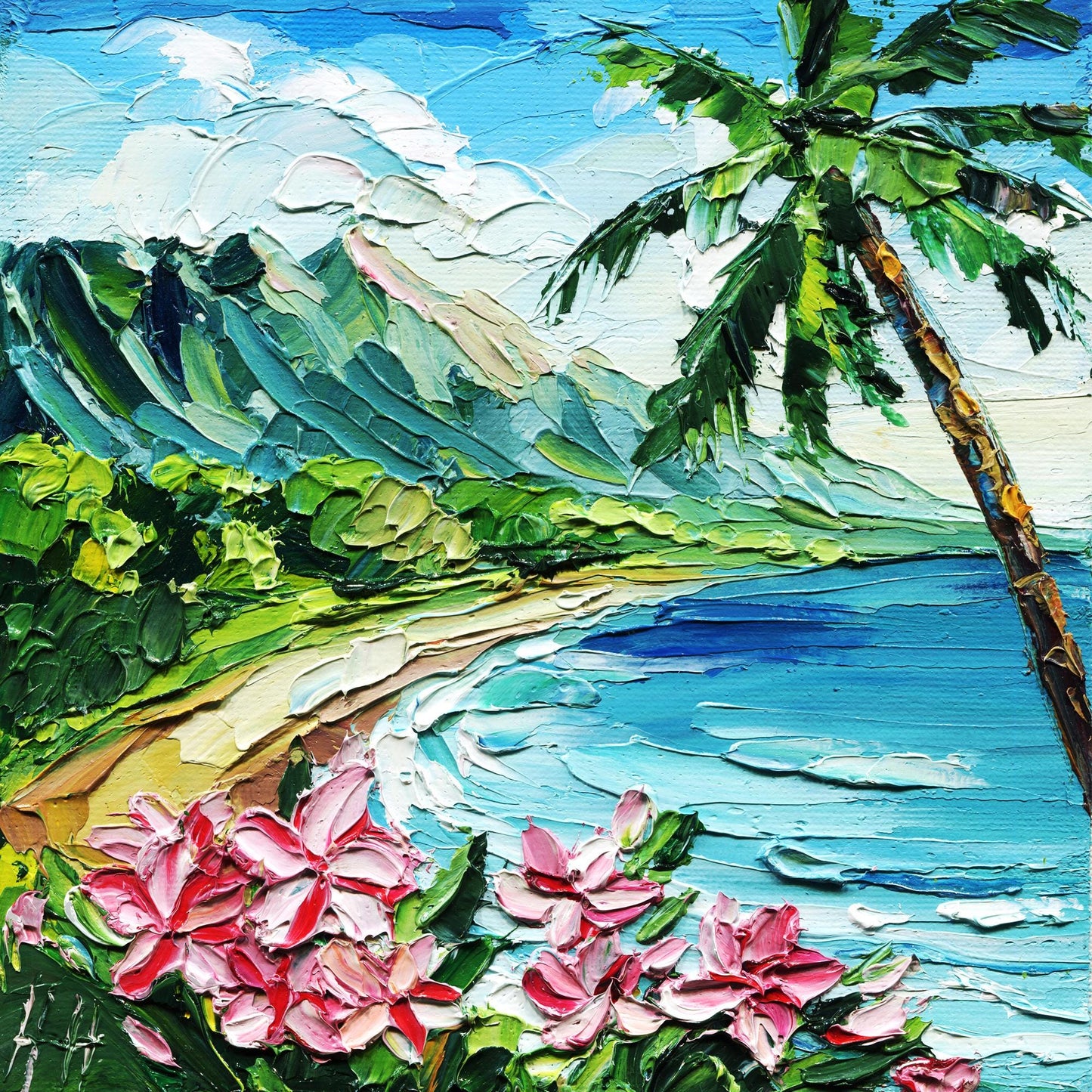 Maui Hawaii Original Oil Painting: Impasto Ocean Landscape, Palm Tree Art