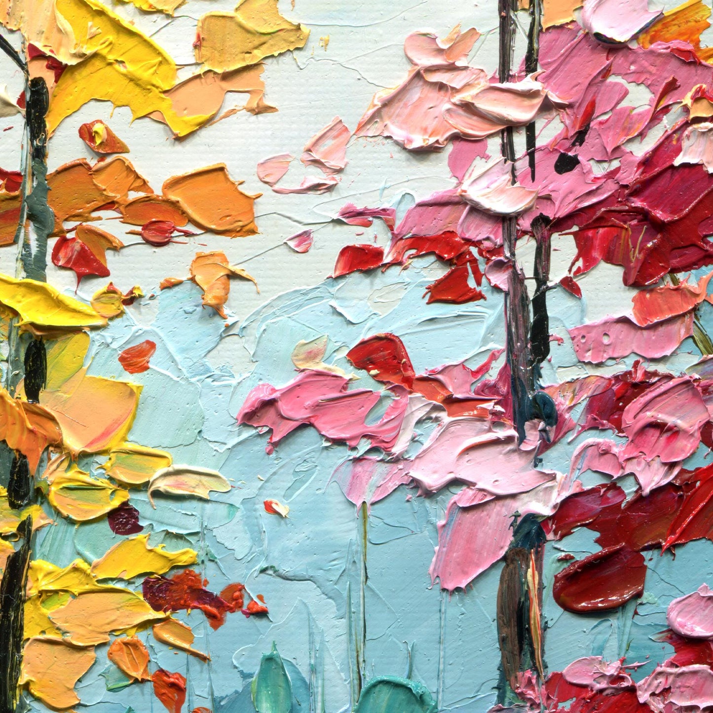Impasto Autumn Forest Oil Painting: Rustic Fall Landscape Wall Art