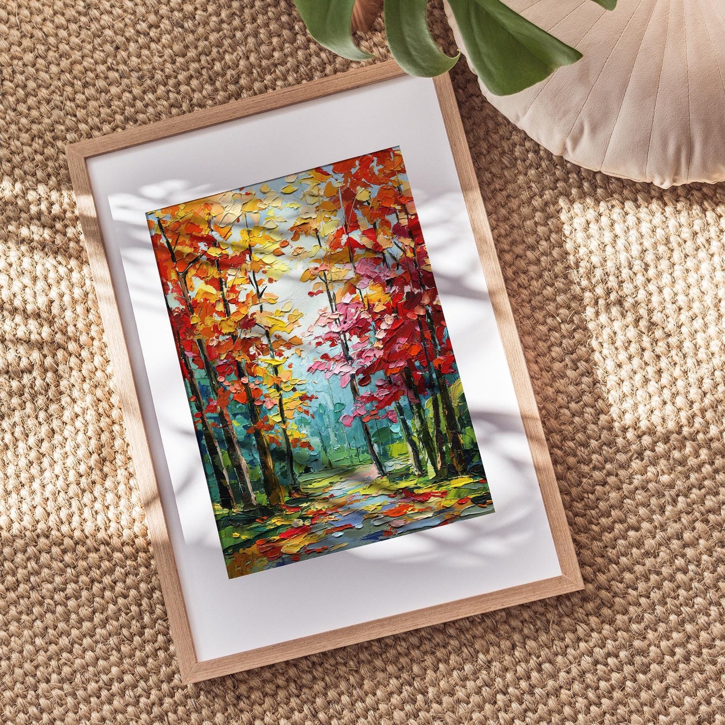 Impasto Autumn Forest Oil Painting: Rustic Fall Landscape Wall Art