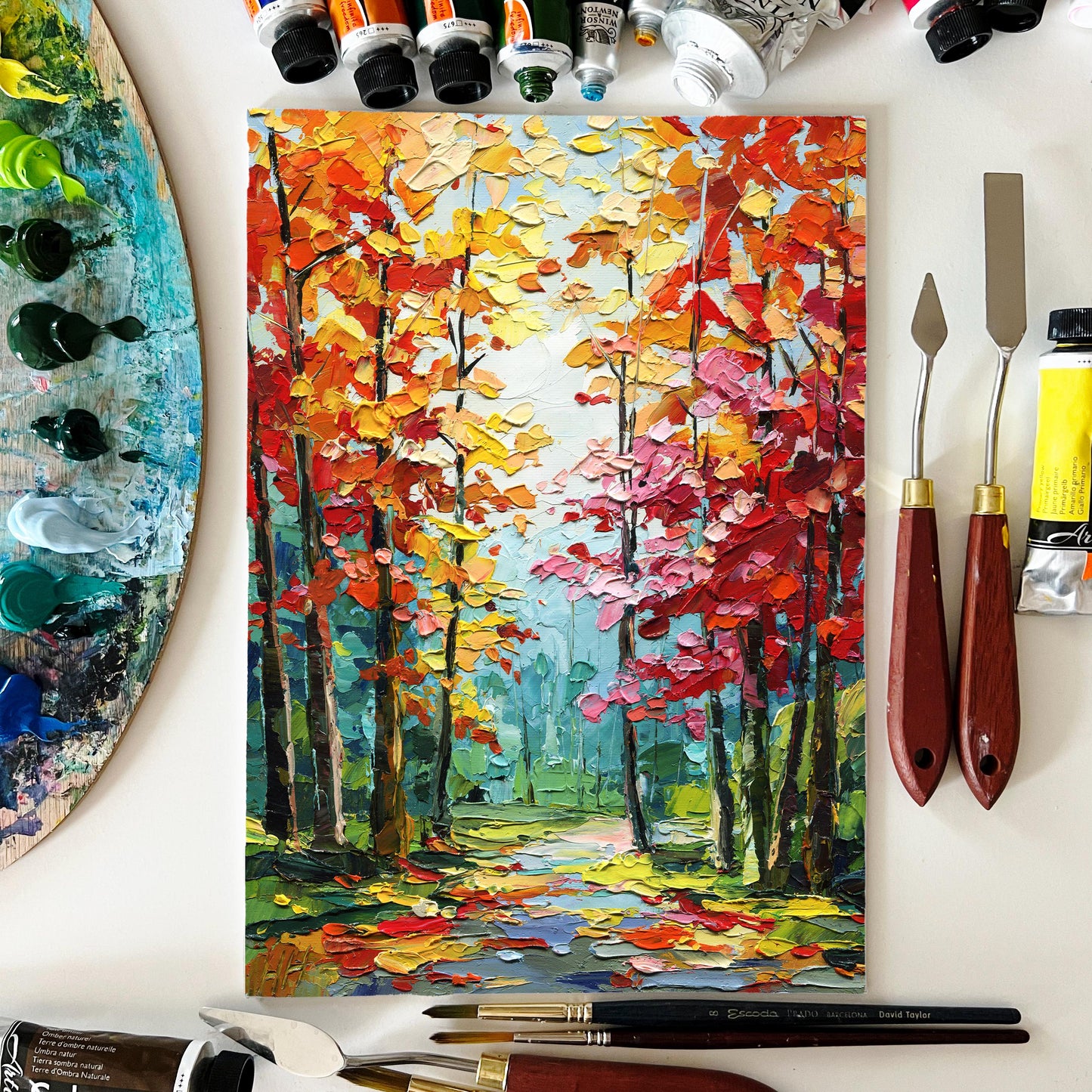 Impasto Autumn Forest Oil Painting: Rustic Fall Landscape Wall Art