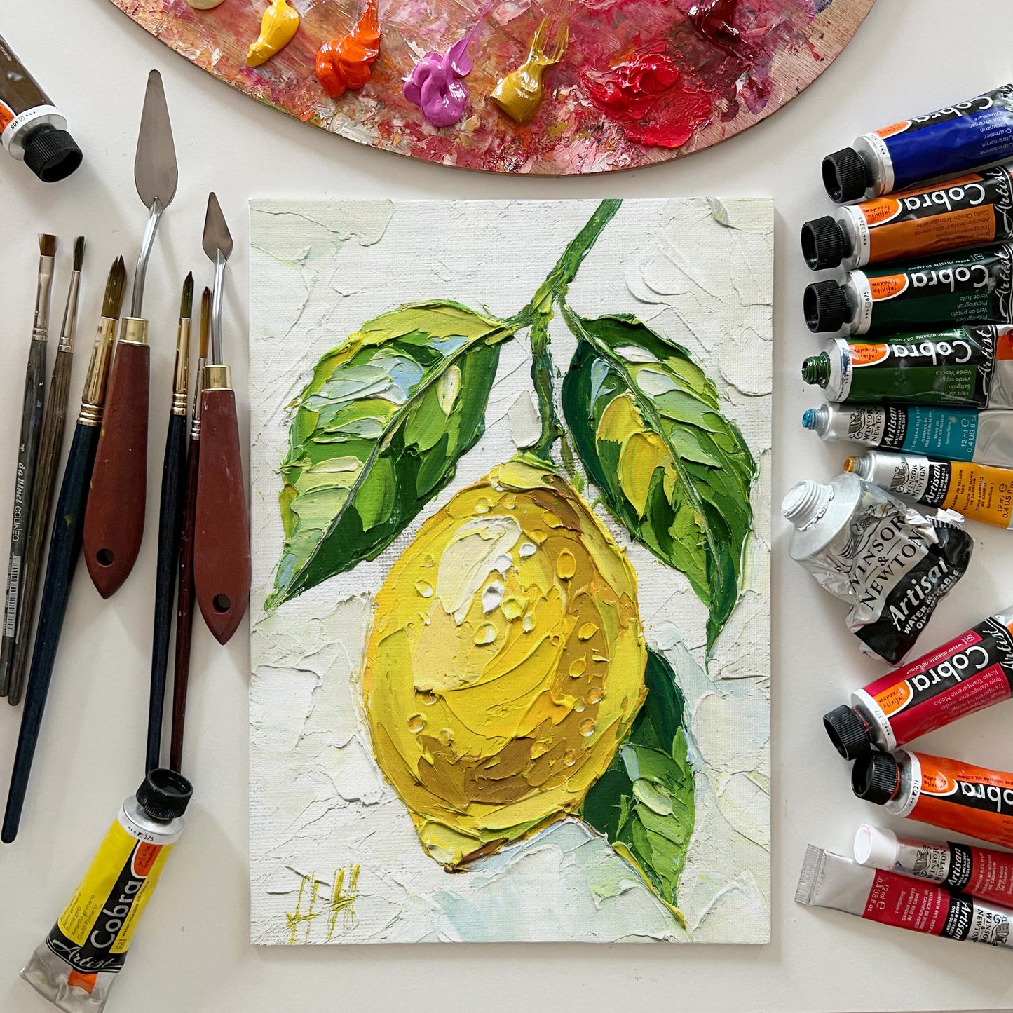 Impasto Lemon Oil Painting: Textured Kitchen Still Life Art by Hanna Hryharenka | HannaArtDecor
