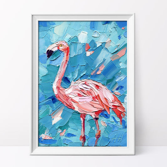 Impasto Flamingo Oil Painting: Tropical Coastal Decor, 5x7 Animal Art by Hanna Hryharenka | HannaArtDecor