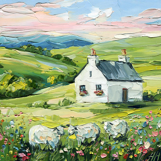Impasto Irish Cottage Oil Painting: Sheep in Wildflower Meadow by Hanna Hryharenka | HannaArtDecor