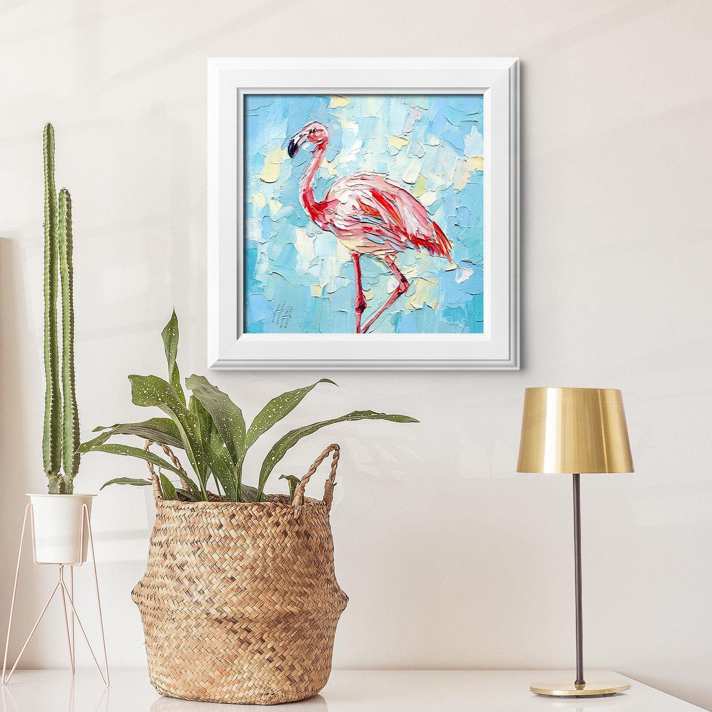 Impasto Flamingo Oil Painting: Tropical Bird Art, 8x8" Original by Hanna Hryharenka | HannaArtDecor