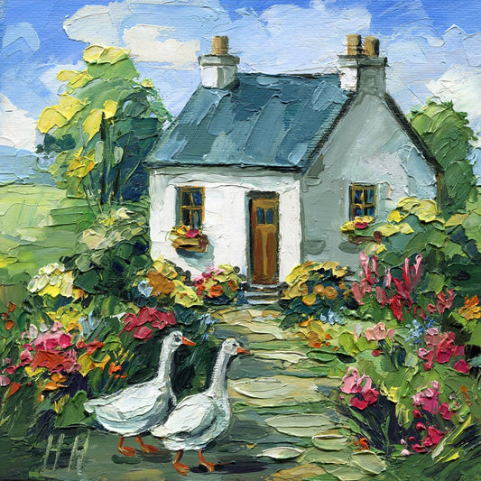 Irish Cottage Oil Painting with Geese – Ireland Landscape Original Impasto Artwork, Colorful Garden Wall Art, Countryside Home Decor Gift