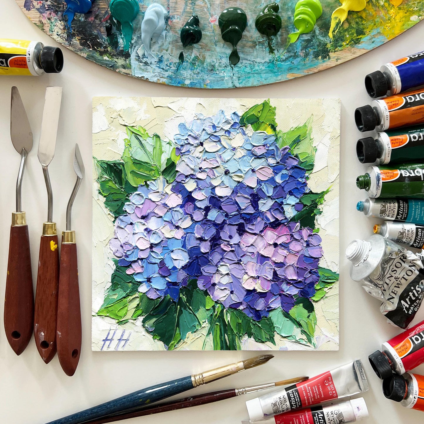 Hydrangea Bouquet — Impasto Oil Painting, 8×8 in (Original)