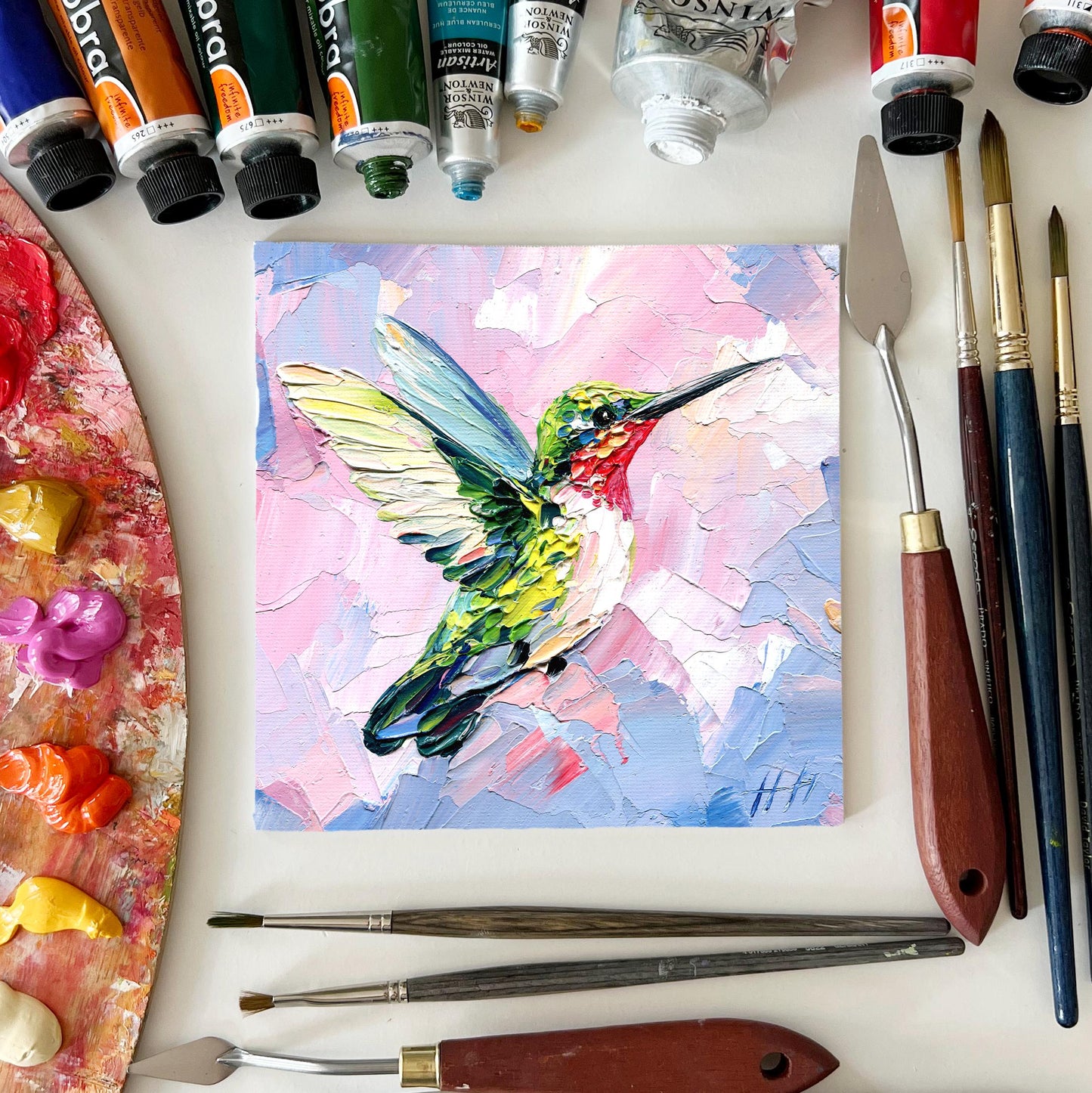 Impasto Hummingbird Oil Painting: Textured Tropical Bird Art on Colorful Background, by Hanna Hryharenka | HannaArtDecor