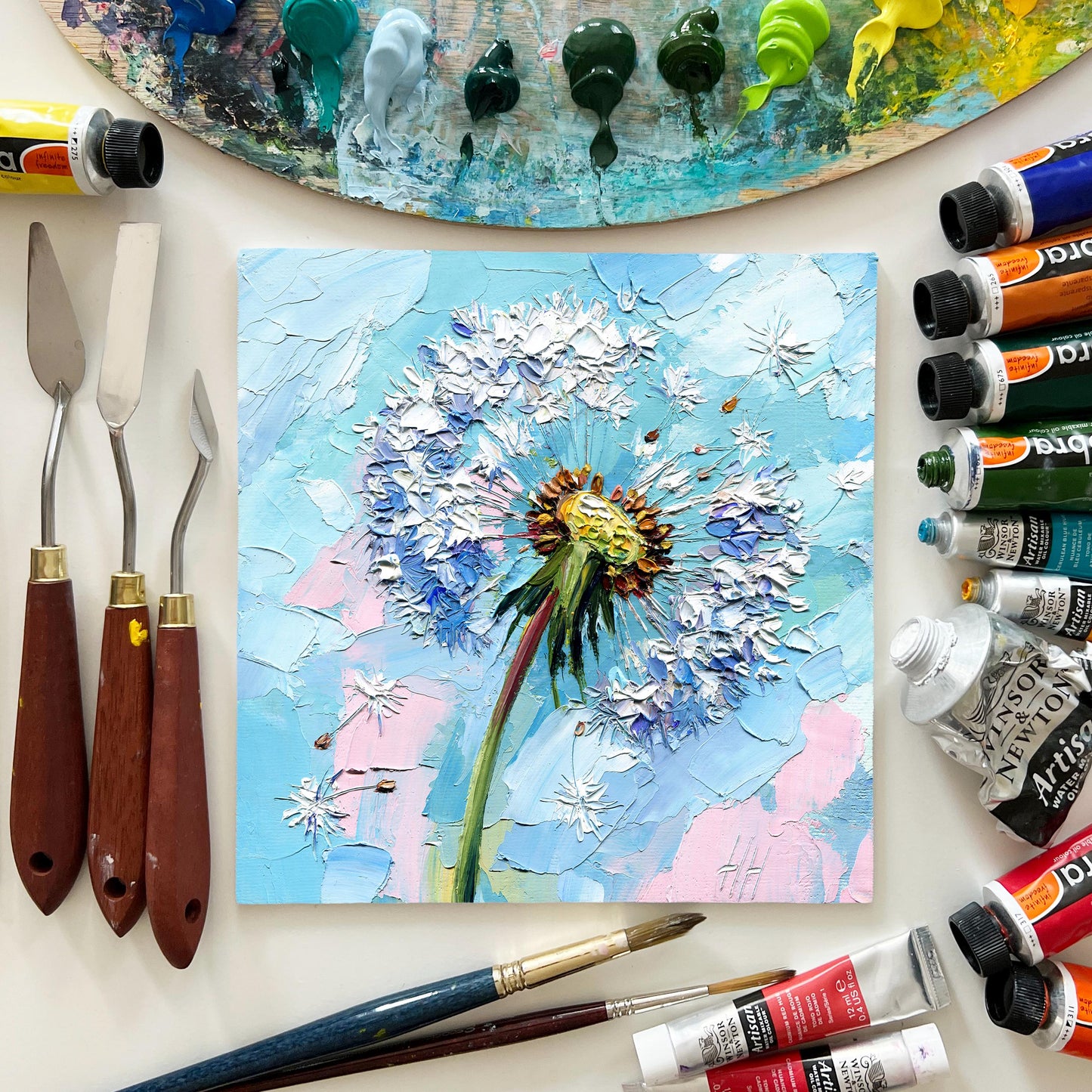 Dandelion Oil Painting: Impasto Wildflower Art on Canvas
