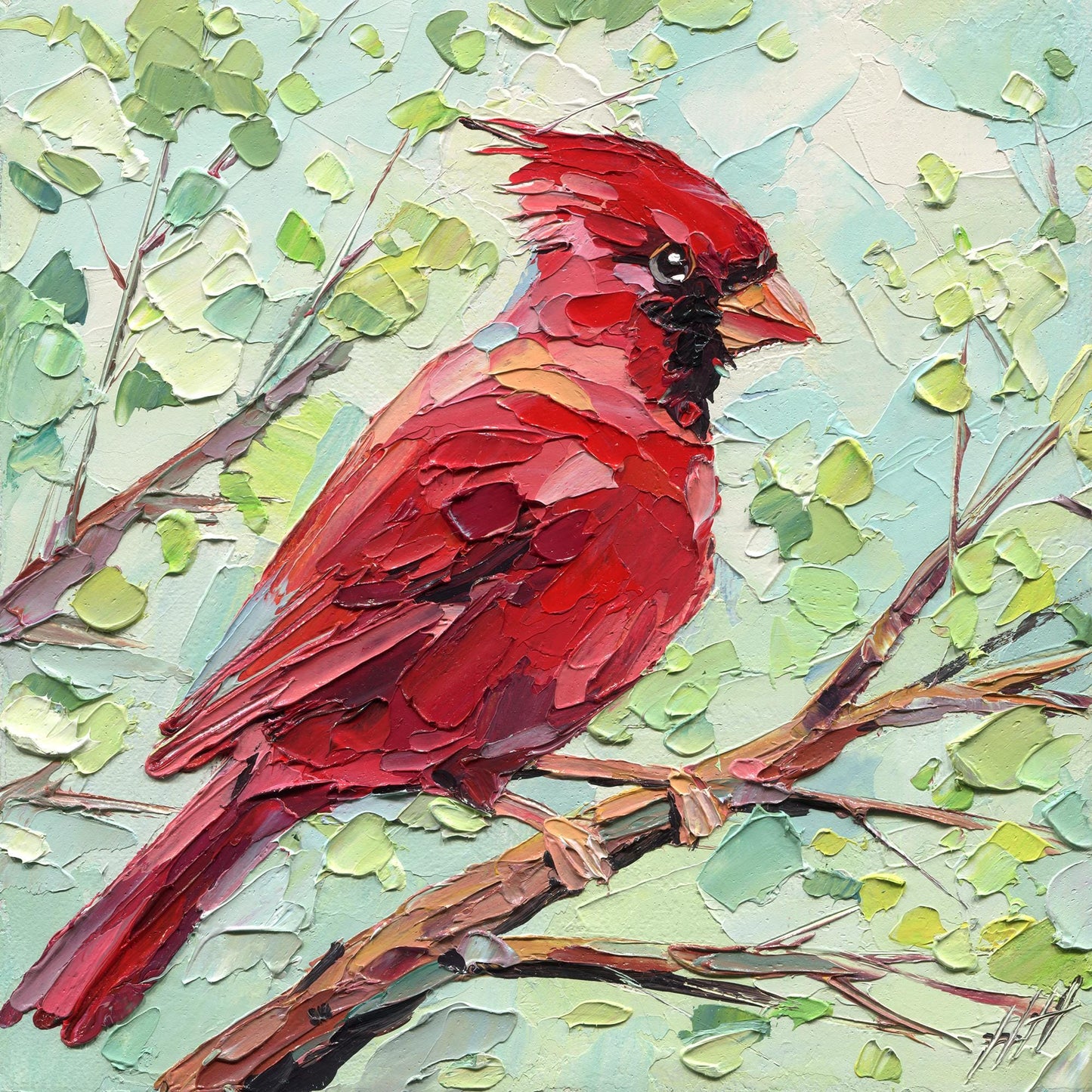 Impasto Red Cardinal Oil Painting: Textured Bird Art by HannaArtDecor