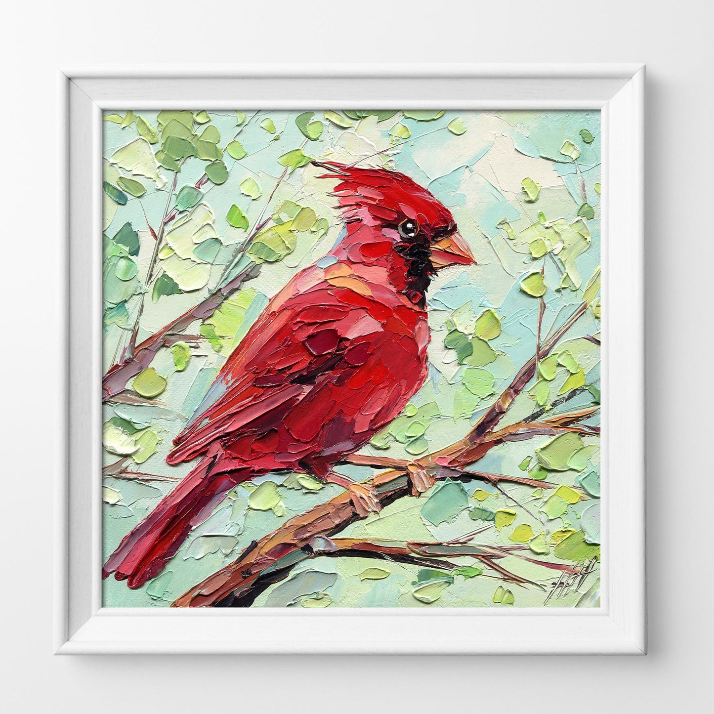 Impasto Red Cardinal Oil Painting: Textured Bird Art by HannaArtDecor