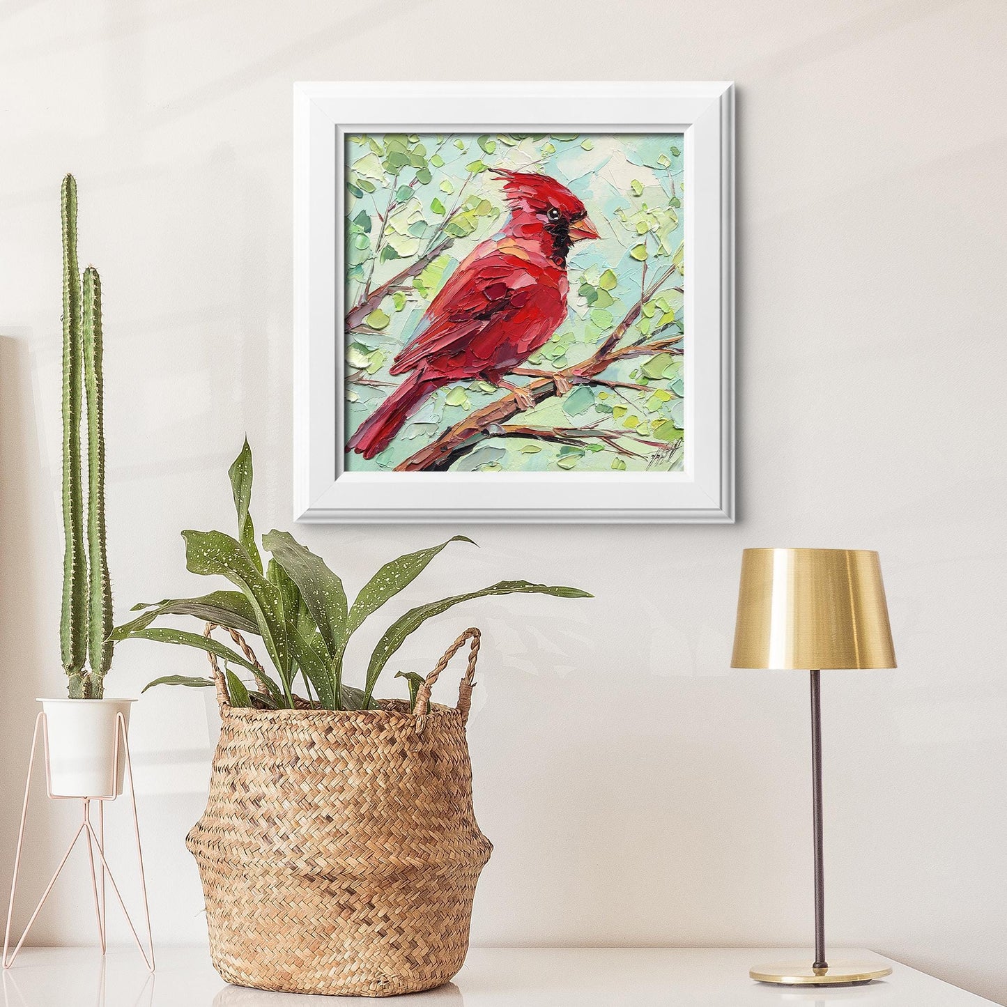 Impasto Red Cardinal Oil Painting: Textured Bird Art by HannaArtDecor