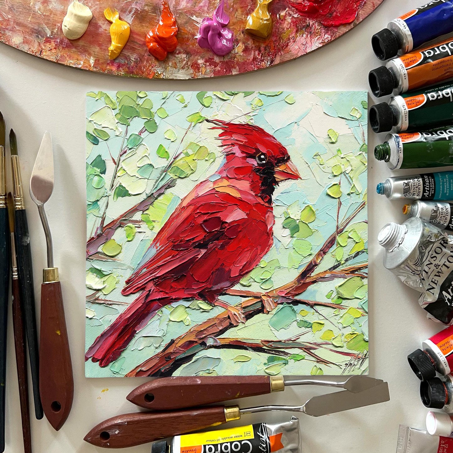 Impasto Red Cardinal Oil Painting: Textured Bird Art by HannaArtDecor