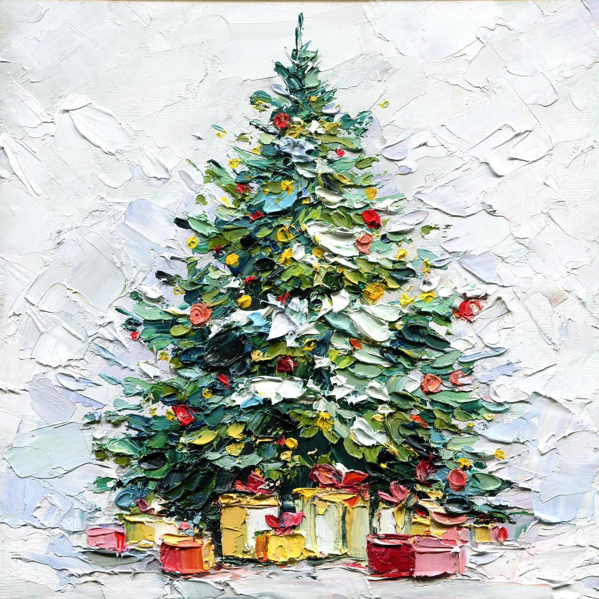 Painting of a Christmas tree with presents underneath on a textured white background