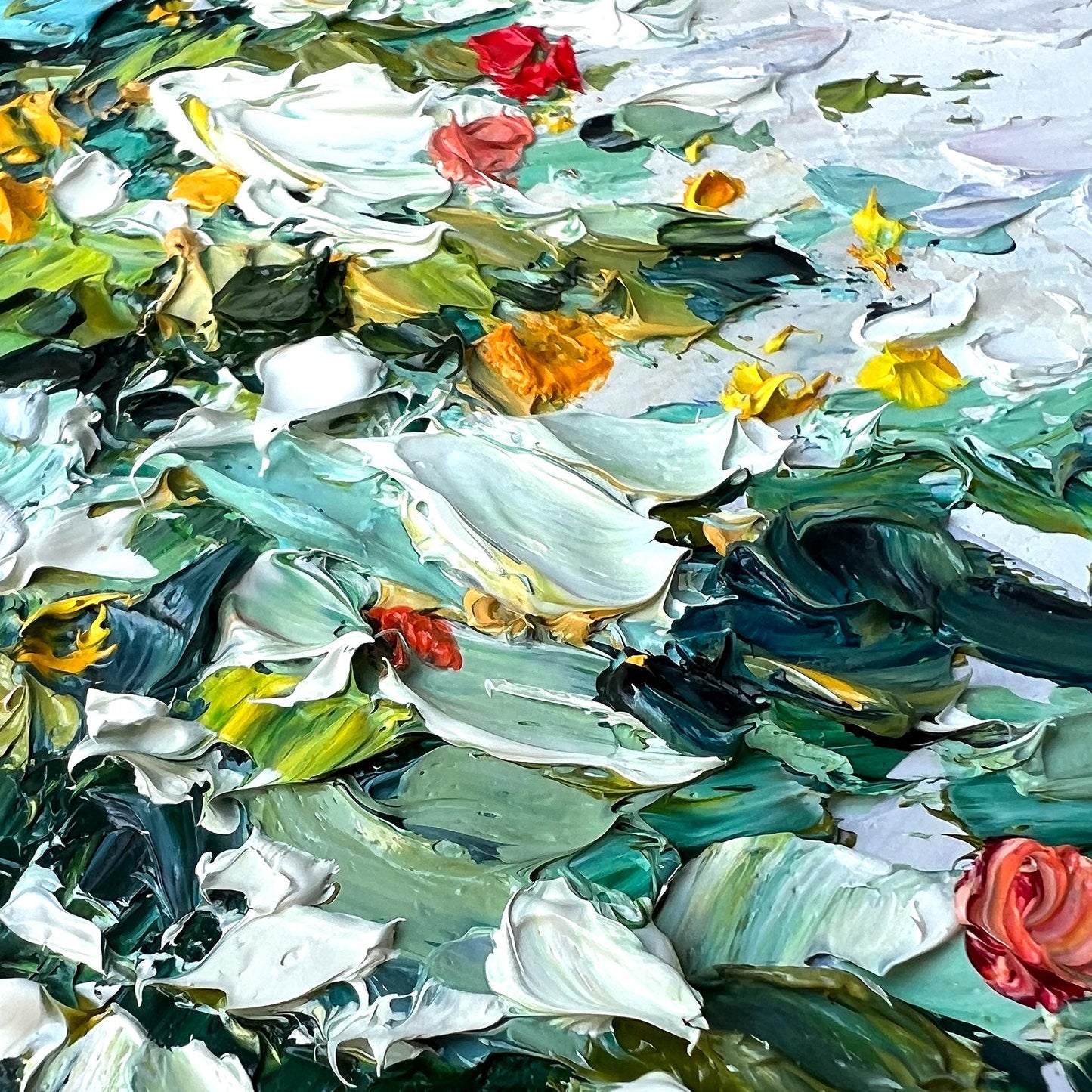 Abstract painting with swirling colors and floral elements