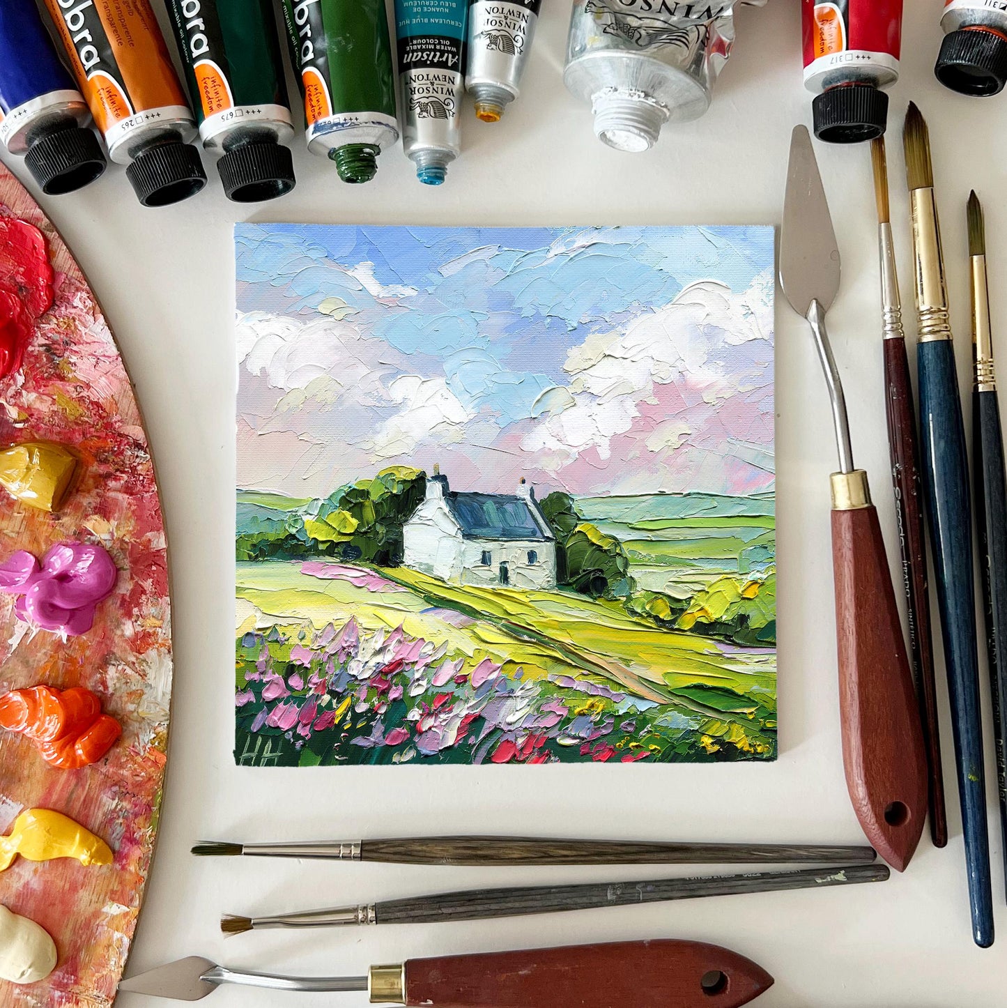 Impasto Irish Cottage Oil Painting: Flower Field Landscape, Rustic Wall Art