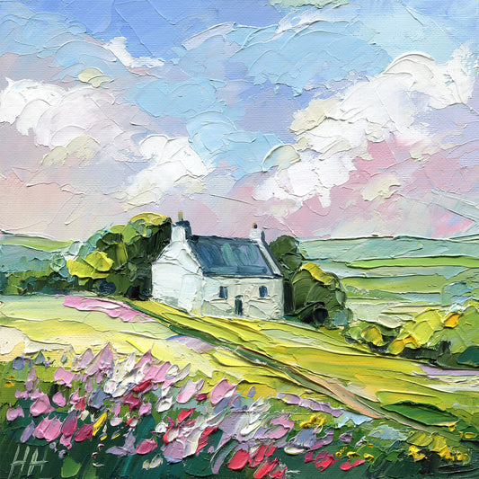 Impasto Irish Cottage Oil Painting: Flower Field Landscape, Rustic Wall Art