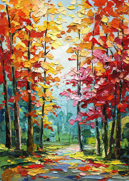 Impasto Autumn Forest Oil Painting: Rustic Fall Landscape Wall Art