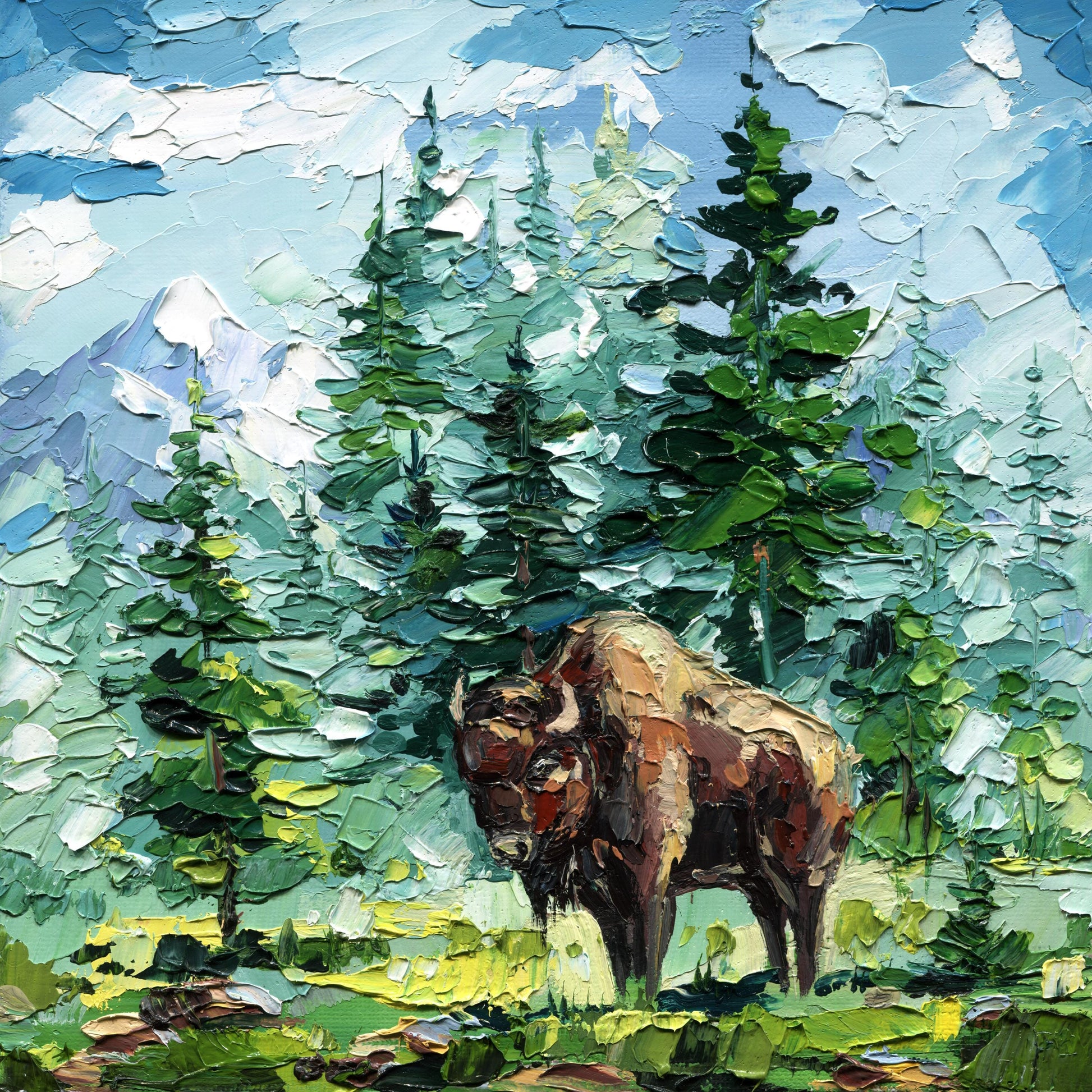Bison Yellowstone wildlife oil painting: impasto landscape in mountain forest style artwork