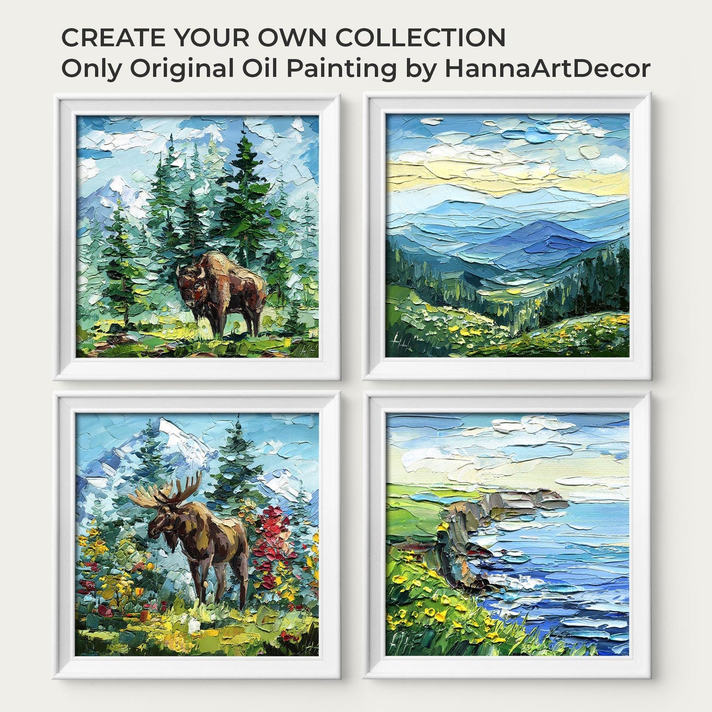 Bison Yellowstone wildlife oil painting: impasto landscape in mountain forest style artwork