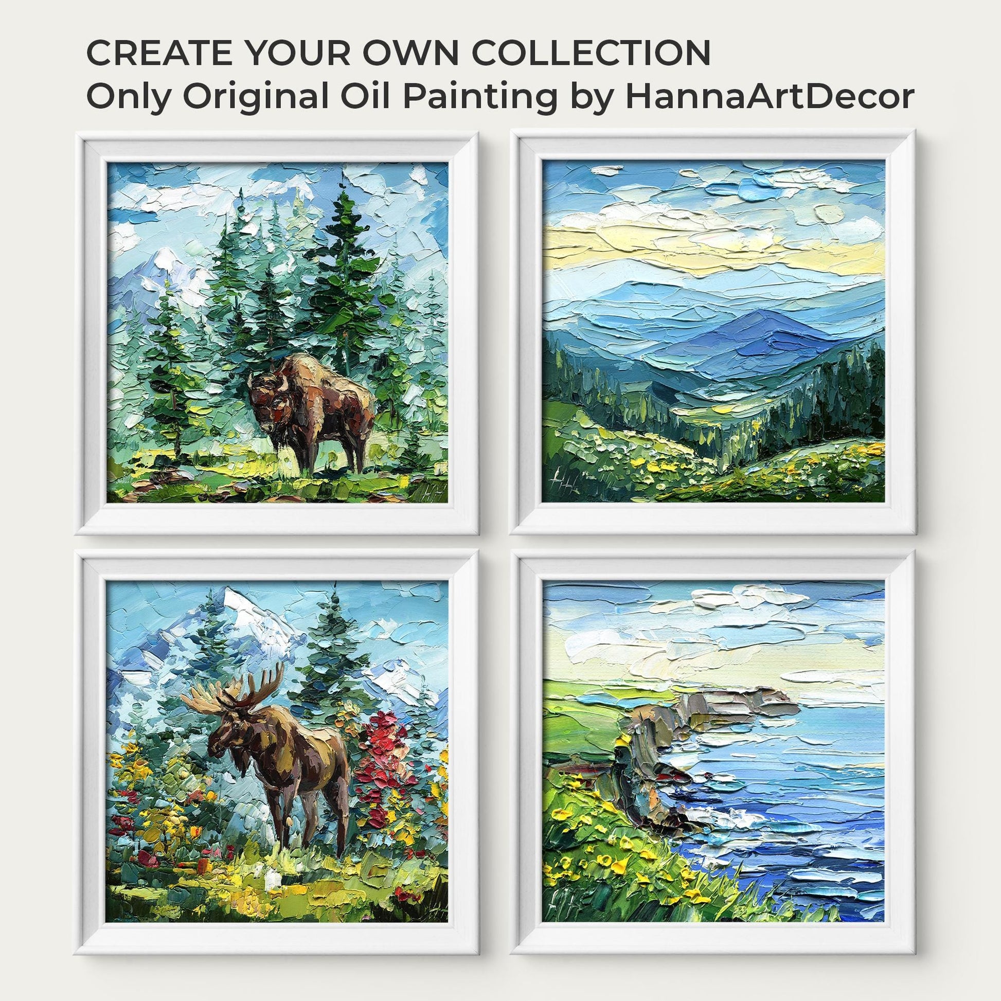 Bison Yellowstone wildlife oil painting: impasto landscape in mountain forest style artwork