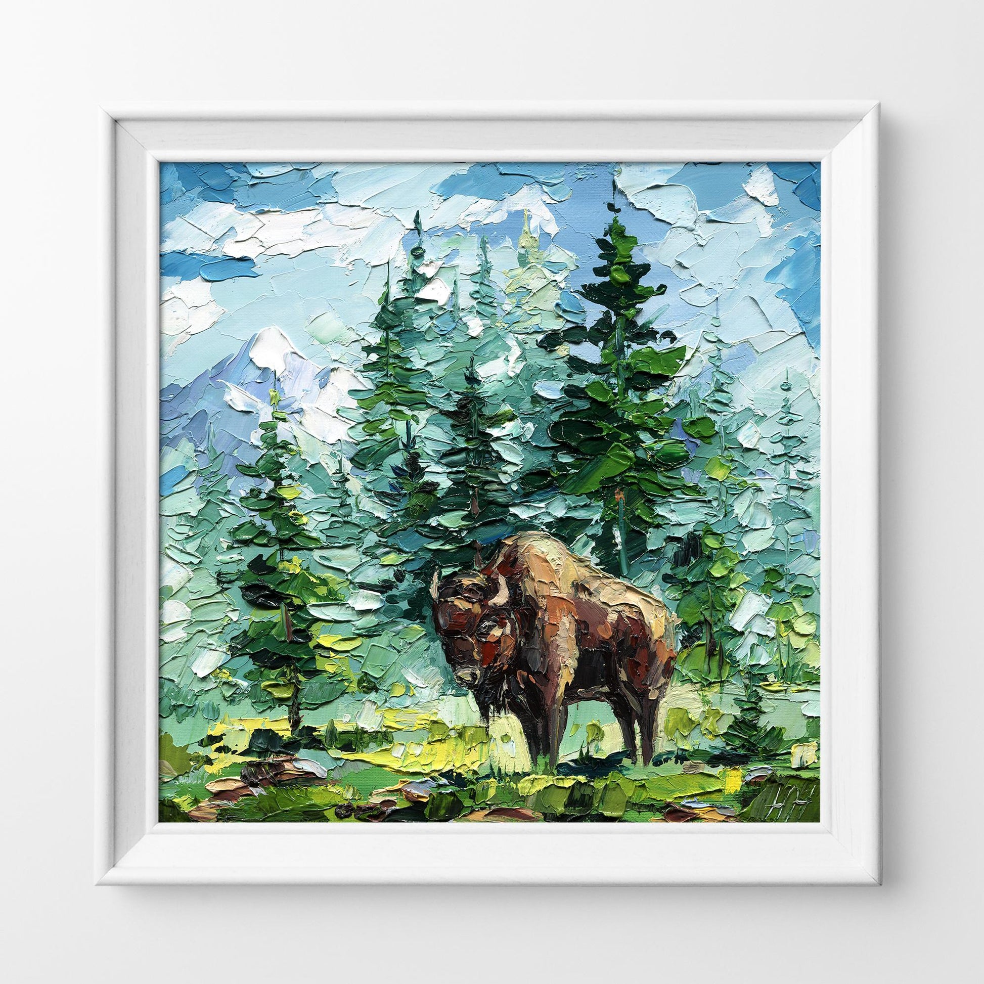 Bison Yellowstone wildlife oil painting: impasto landscape in mountain forest style artwork