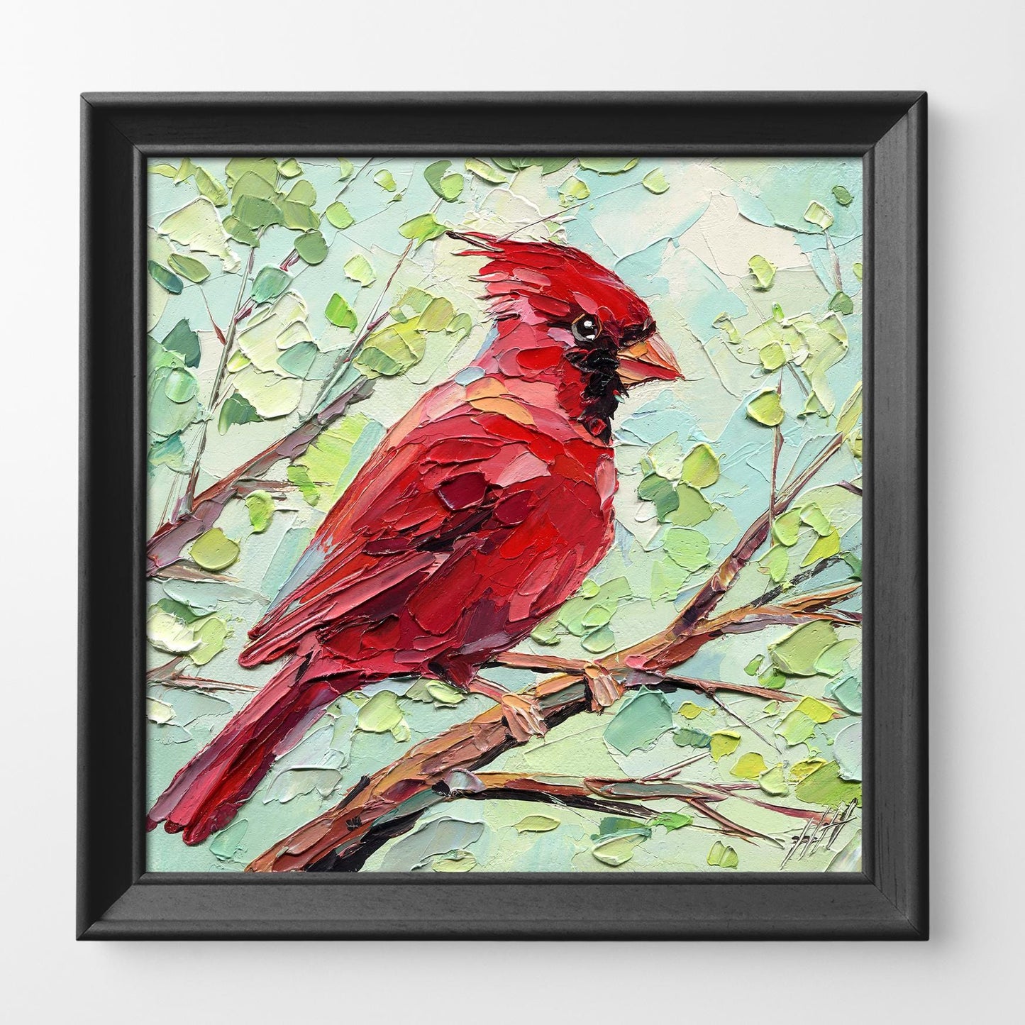 Impasto Red Cardinal Oil Painting: Textured Bird Art by HannaArtDecor
