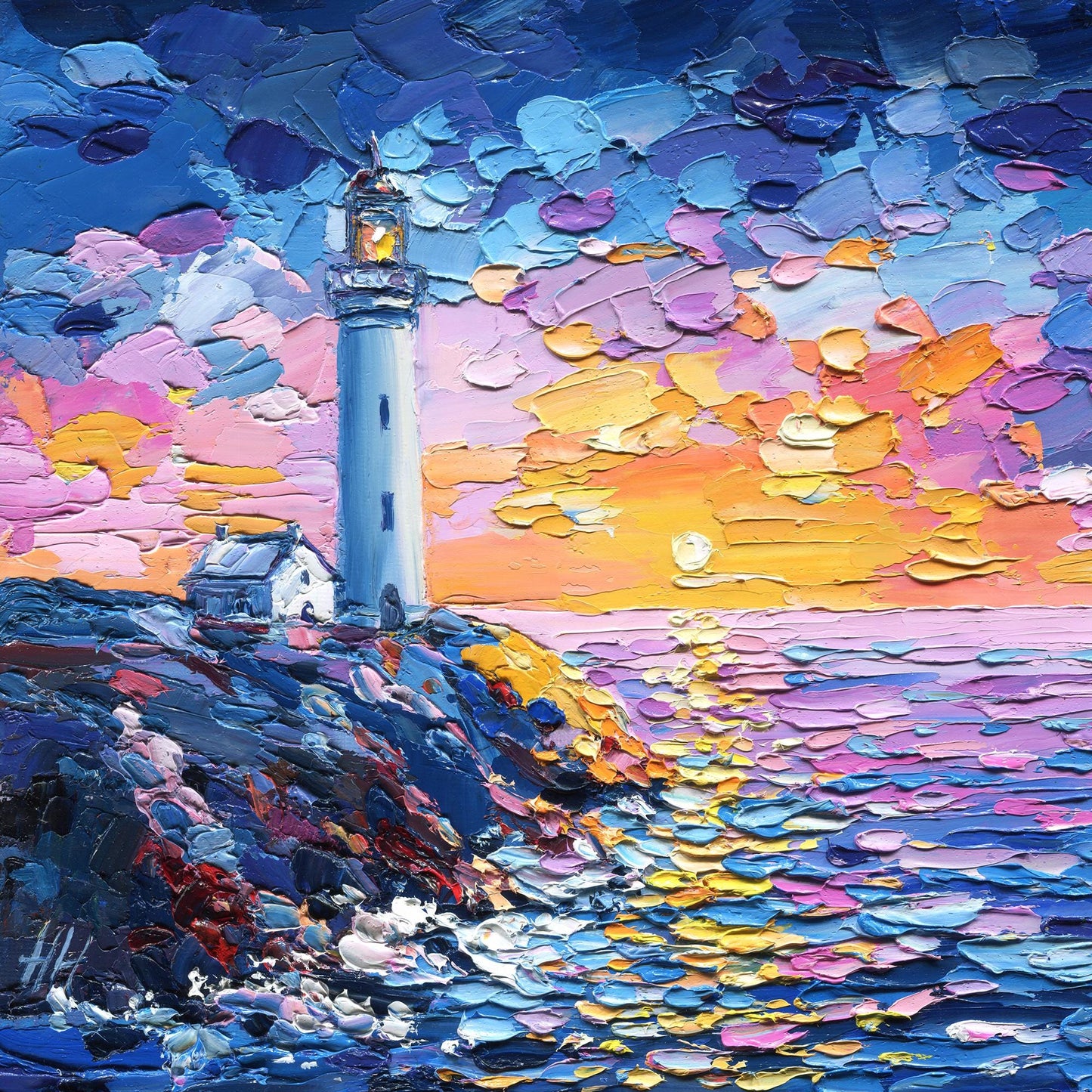 Lighthouse Sunset Original Oil Painting: Textured Impasto Seascape Art