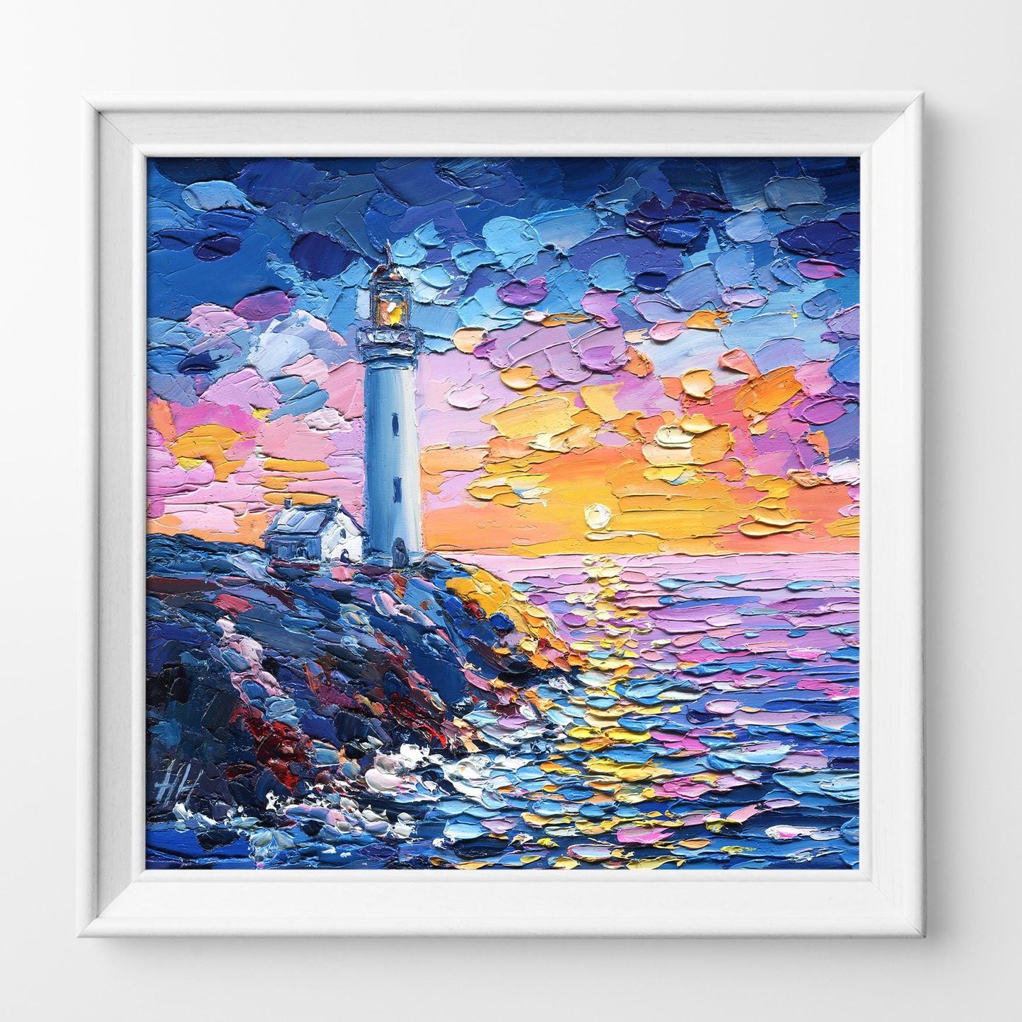 Lighthouse Sunset Original Oil Painting: Textured Impasto Seascape Art