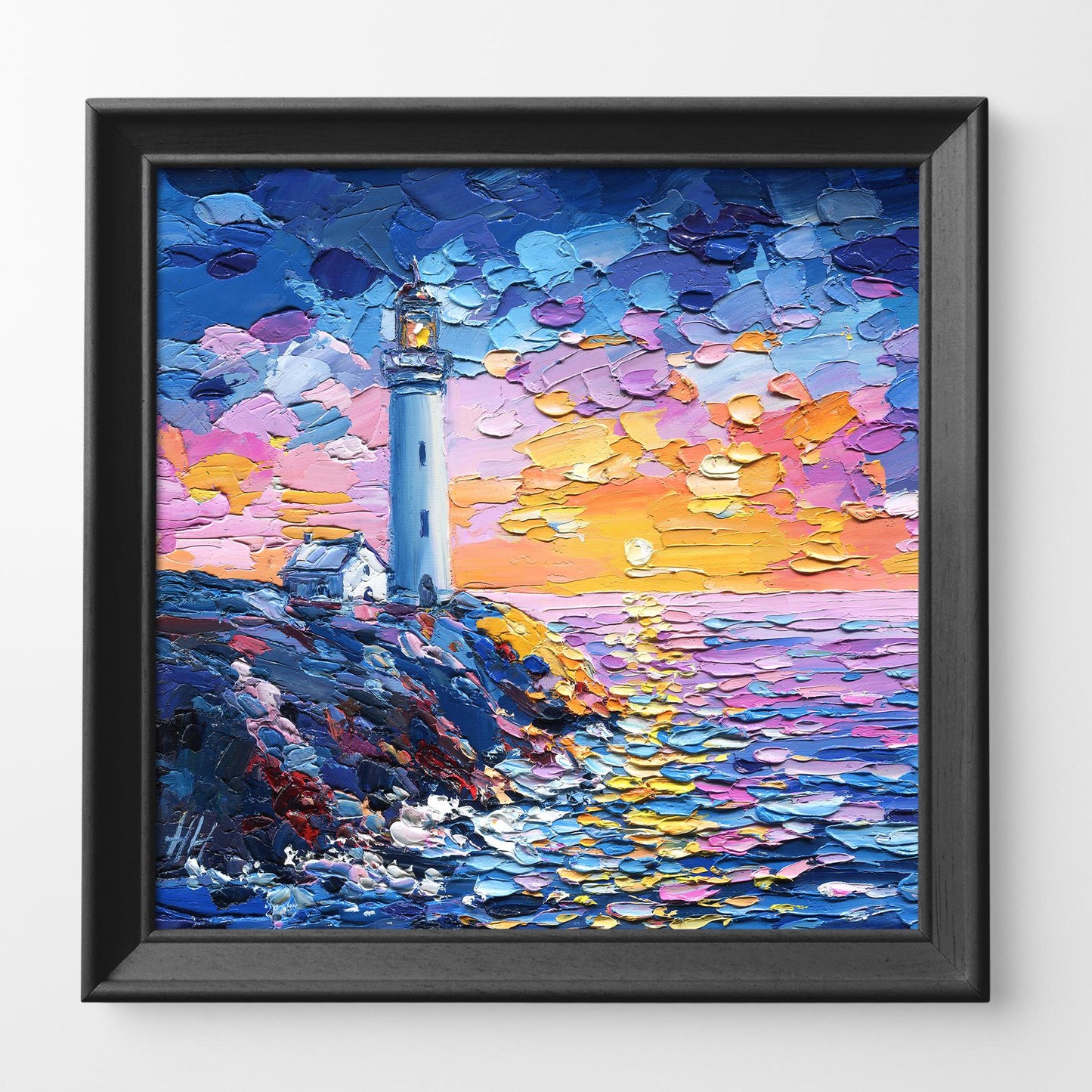 Lighthouse Sunset Original Oil Painting: Textured Impasto Seascape Art
