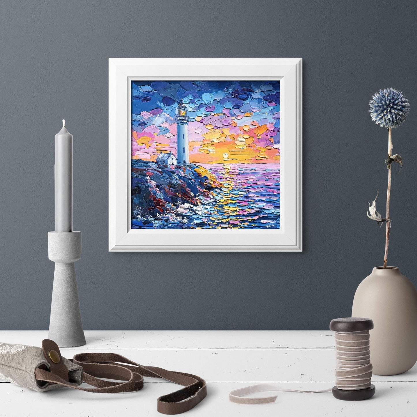 Lighthouse Sunset Original Oil Painting: Textured Impasto Seascape Art