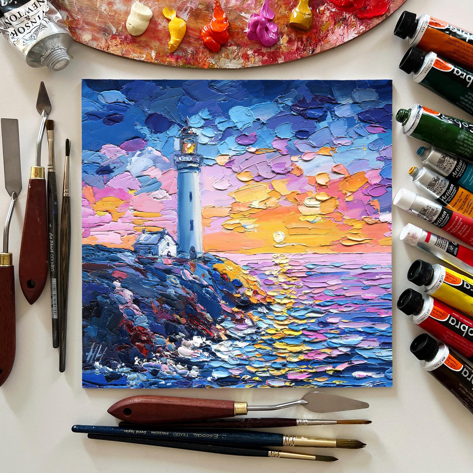 Lighthouse Sunset Original Oil Painting: Textured Impasto Seascape Art