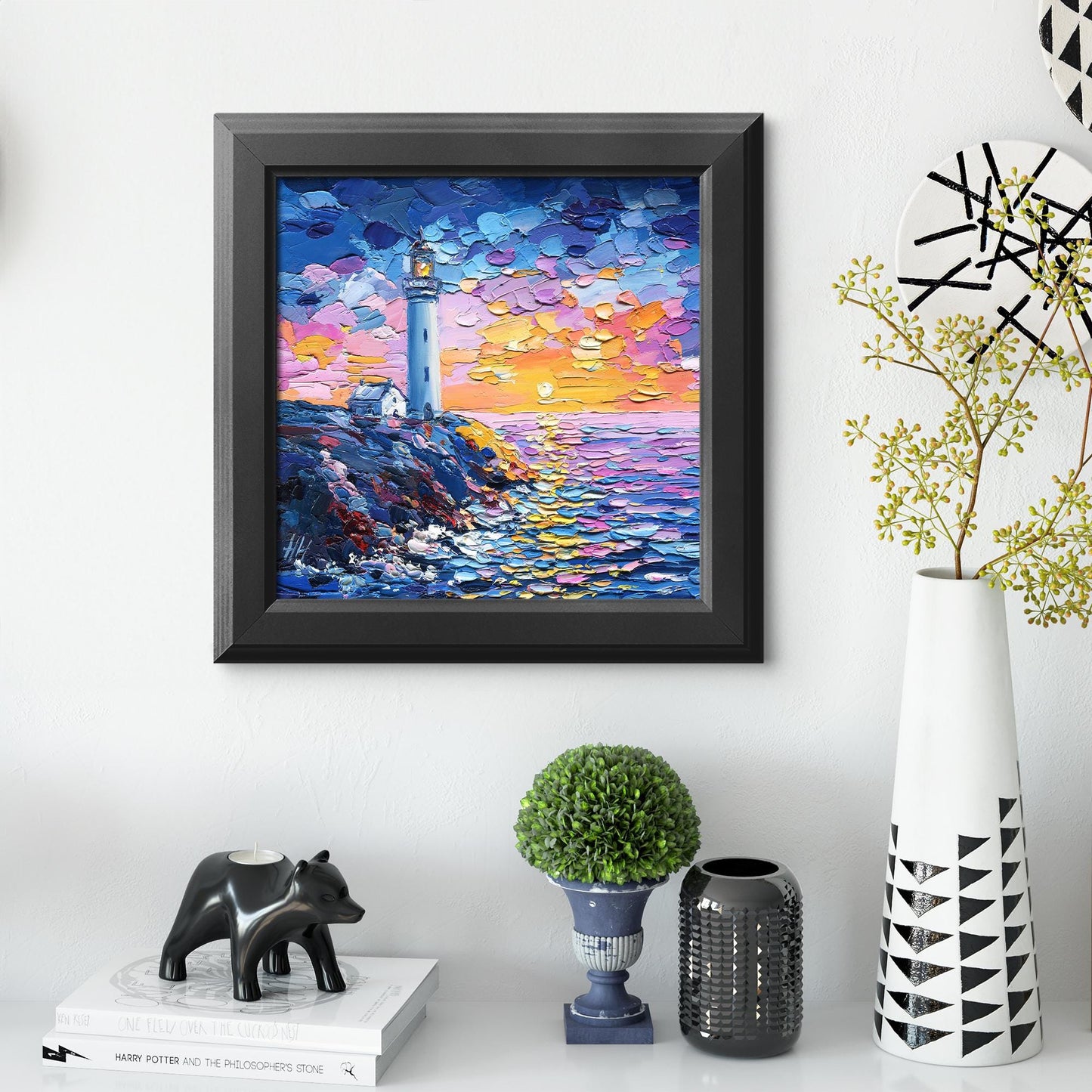 Lighthouse Sunset Original Oil Painting: Textured Impasto Seascape Art