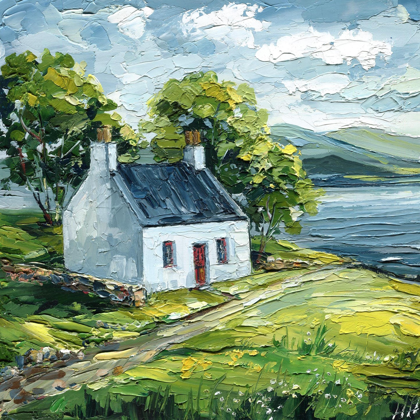 Irish Cottage Oil Painting – Original Impasto Landscape, Textured Art on Canvas