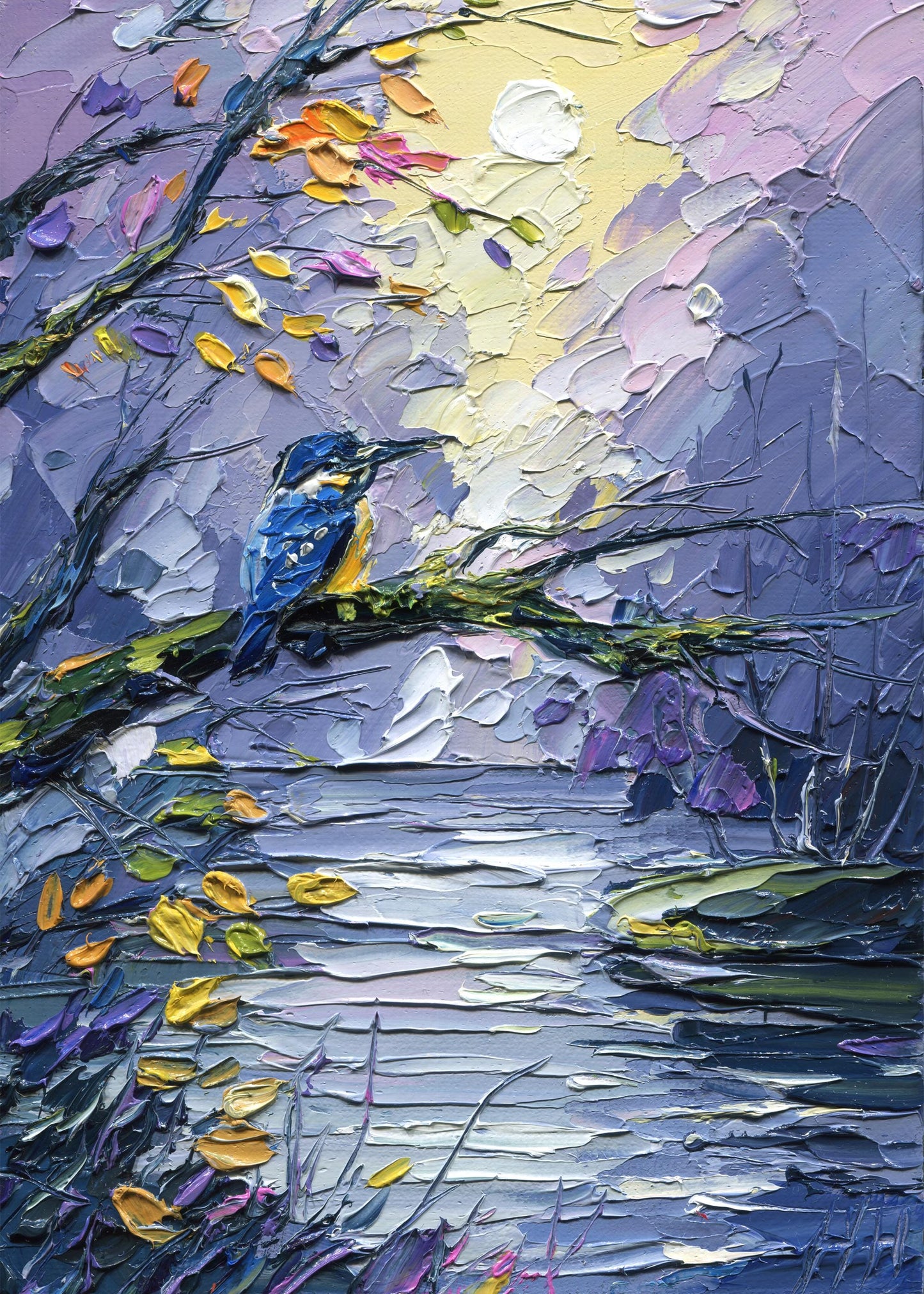 Kingfisher Oil Painting – Impasto Bird Art, Textured Lake Landscape
