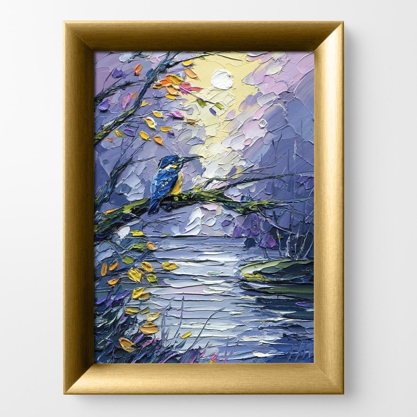 Kingfisher Oil Painting – Impasto Bird Art, Textured Lake Landscape