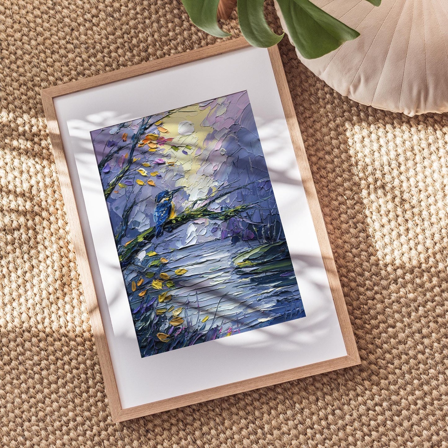 Kingfisher Oil Painting – Impasto Bird Art, Textured Lake Landscape