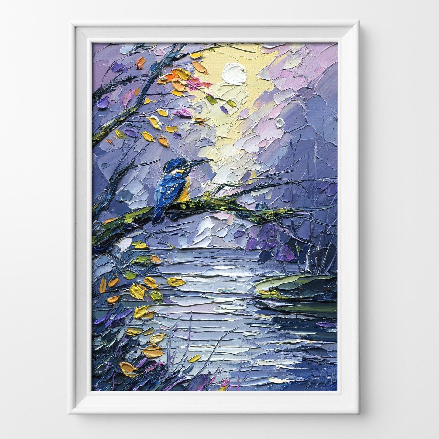 Kingfisher Oil Painting – Impasto Bird Art, Textured Lake Landscape