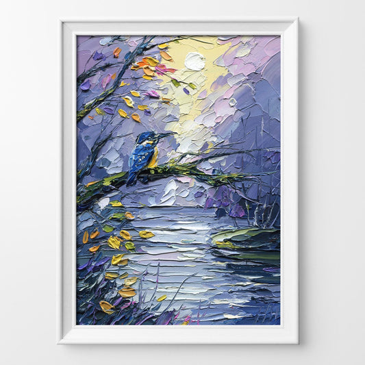 Kingfisher Oil Painting – Impasto Bird Art, Textured Lake Landscape