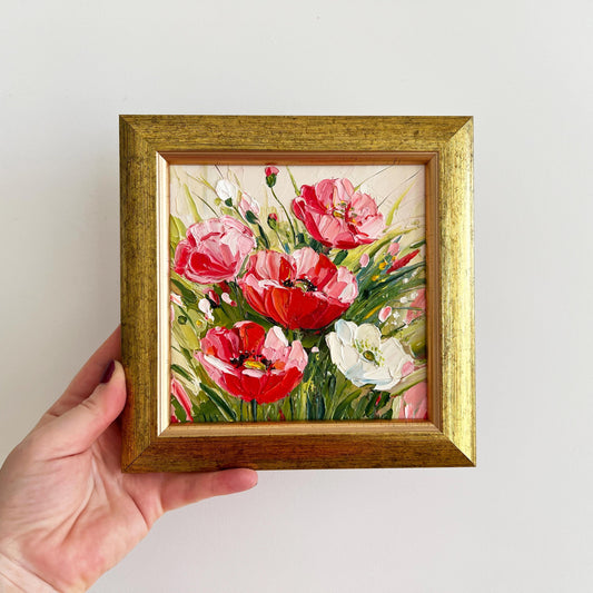 Framed Poppies Oil Painting – Impasto Floral Art, Gold Frame