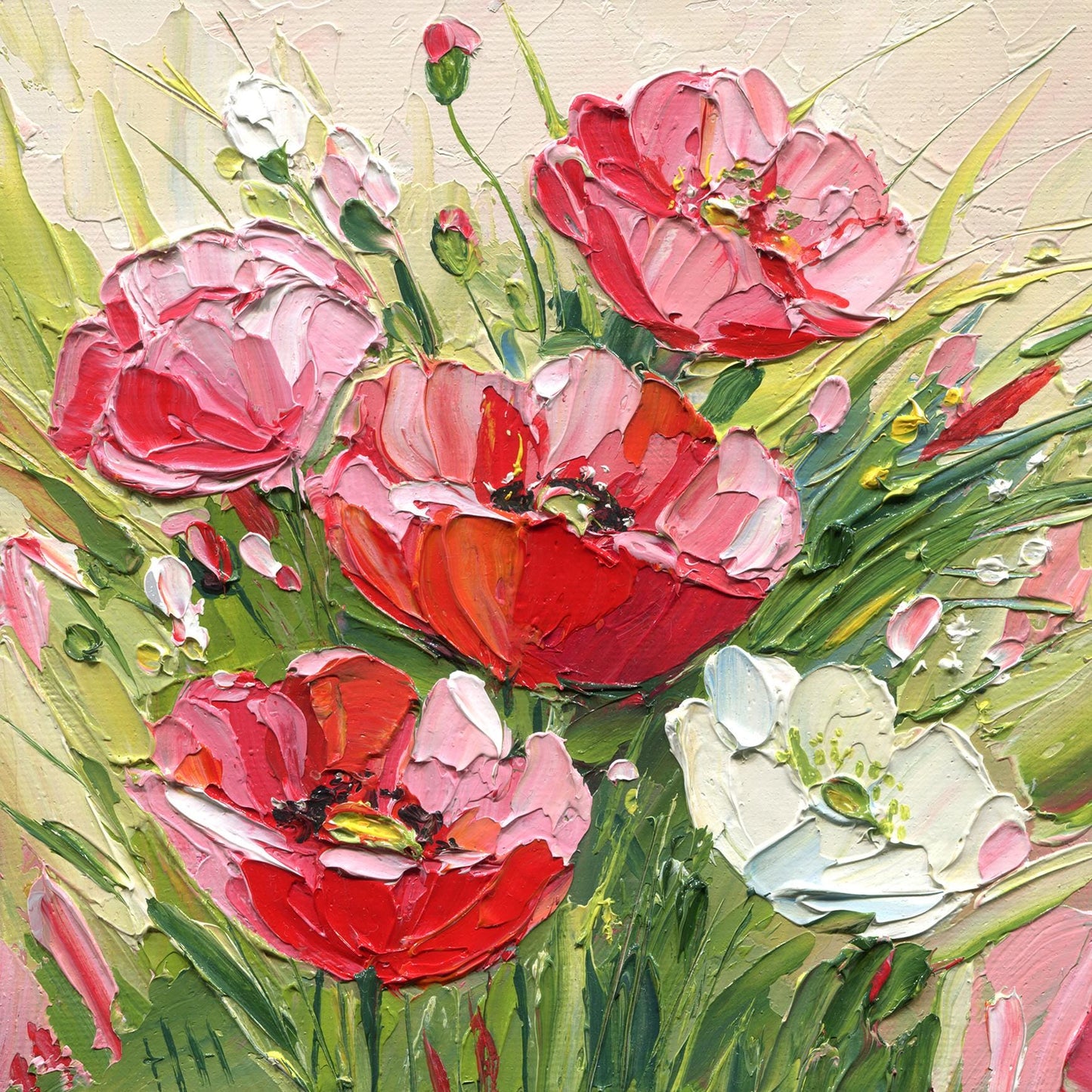 Framed Poppies Oil Painting – Impasto Floral Art, Gold Frame