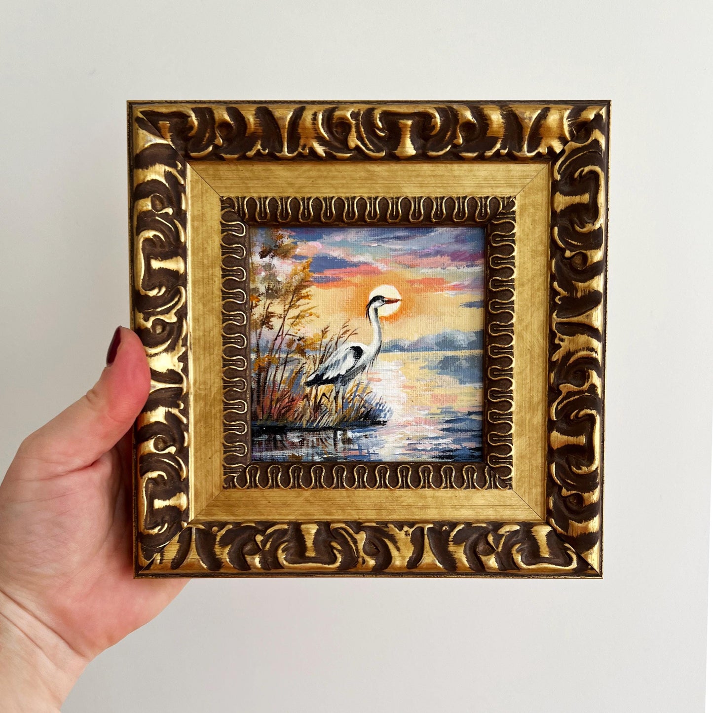Framed Heron Oil Painting – Miniature Lake Sunset Impasto Art