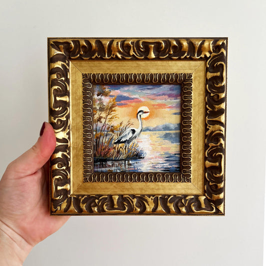 Framed Heron Oil Painting – Miniature Lake Sunset Impasto Art