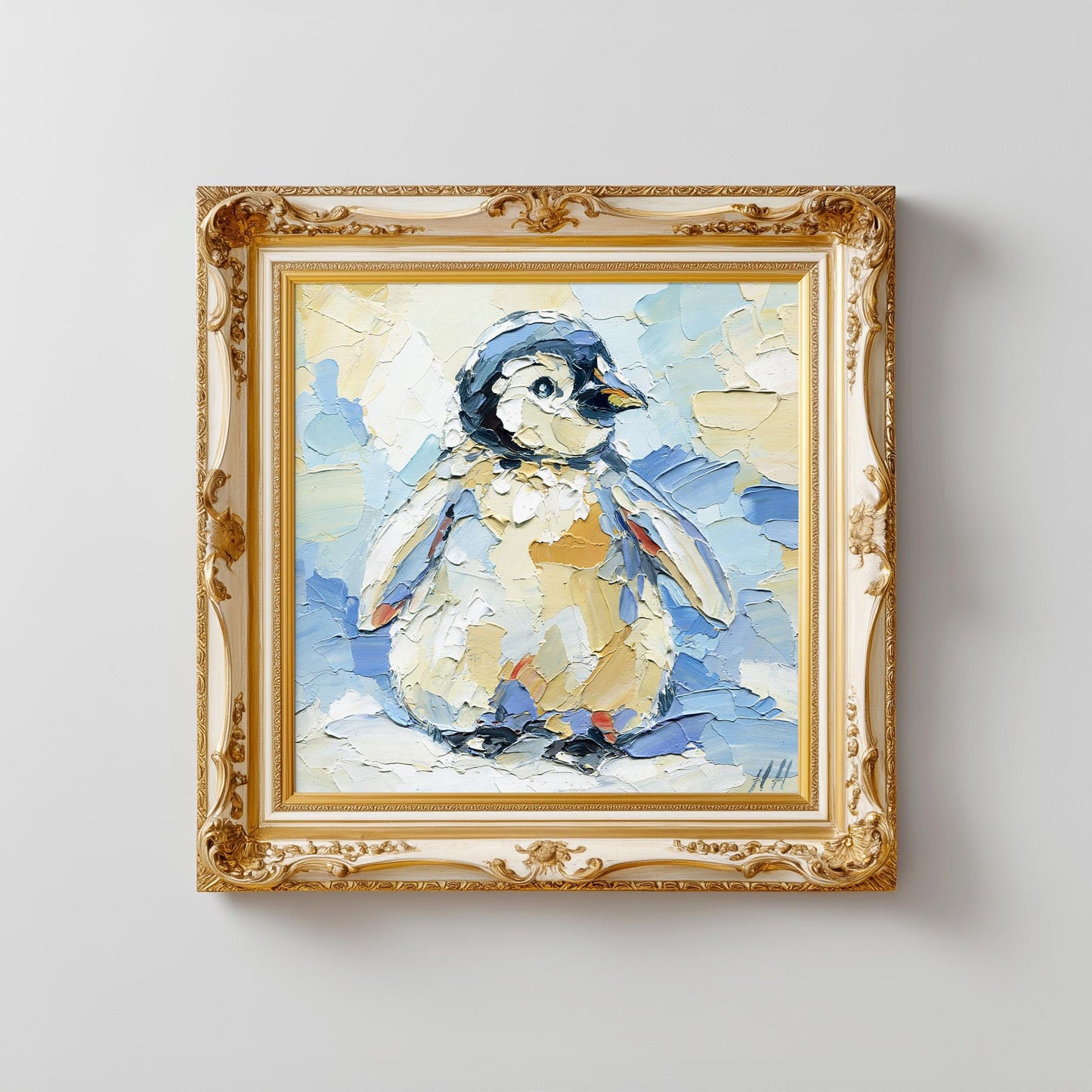 Christmas Original Oil Painting Baby Penguin – Impasto Arctic Animal Art, 8x8