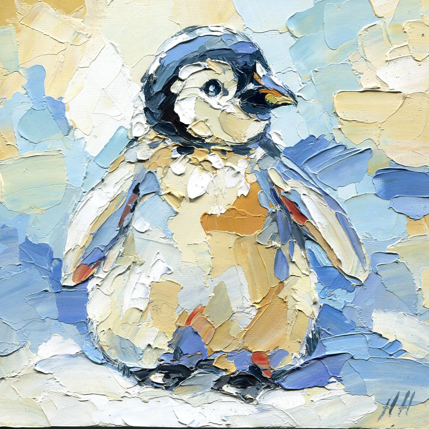 Christmas Original Oil Painting Baby Penguin – Impasto Arctic Animal Art, 8x8