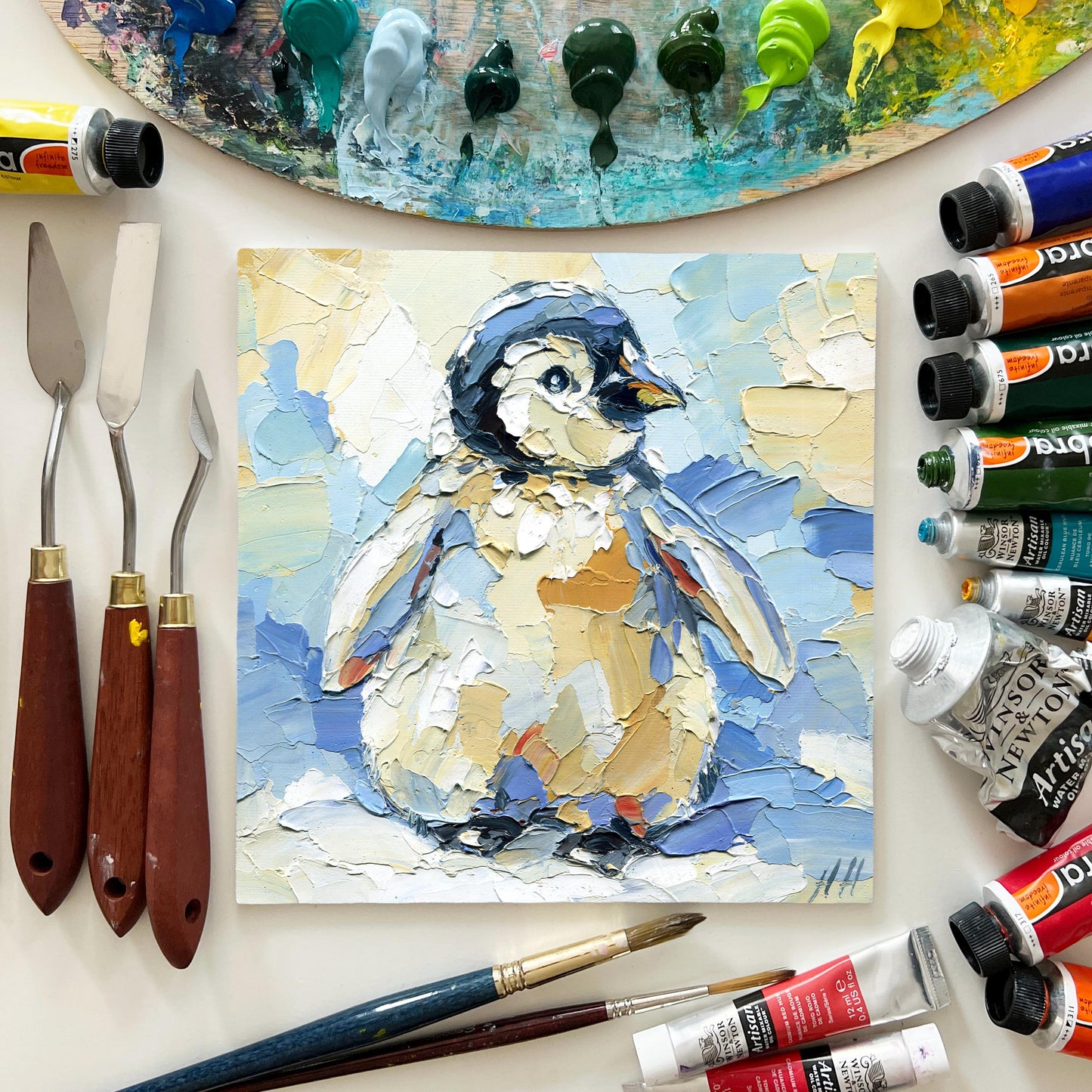 Christmas Original Oil Painting Baby Penguin – Impasto Arctic Animal Art, 8x8